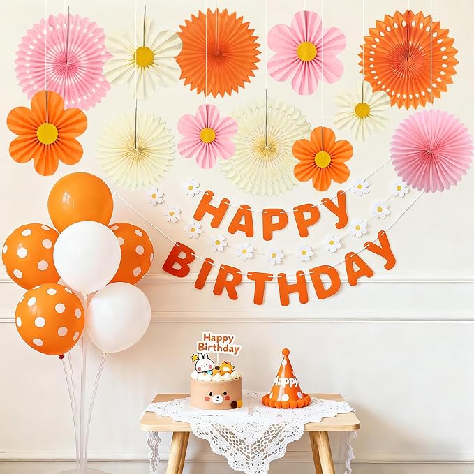 ADLKGG Orange Pink Floral Wall Backdrop, Groovy Sunset Party Decorations | 12 - Image 4