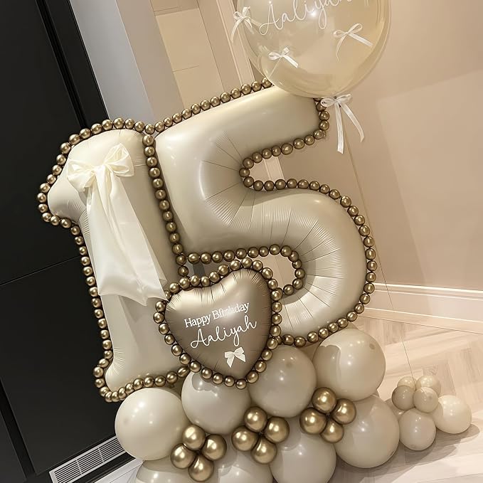 Cream Number 15 Balloons, 40 Inch 15 Balloons Giant Helium Foil Mylar Beige 15 - Image 6