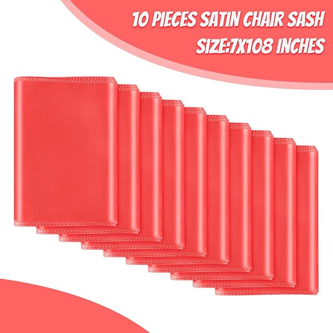10 PCS Red Satin Chair Sashes Bows Universal Chair Ribbon Ties Back Sash for Wedding Party Reception Events Banquets Hotel Event Chair Cover Decoration (7x108 inch)