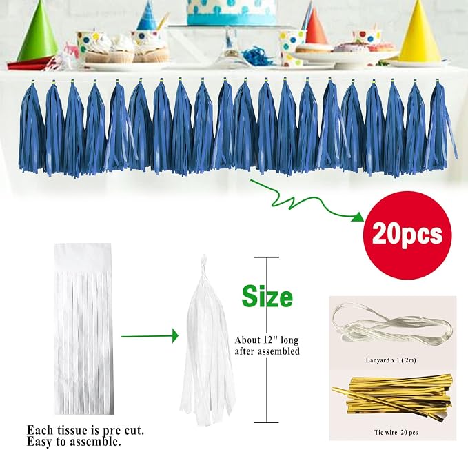 Dark Blue Tassel Garland 20 Pcs, Tissue Paper Tassels Garland Banner - Image 2