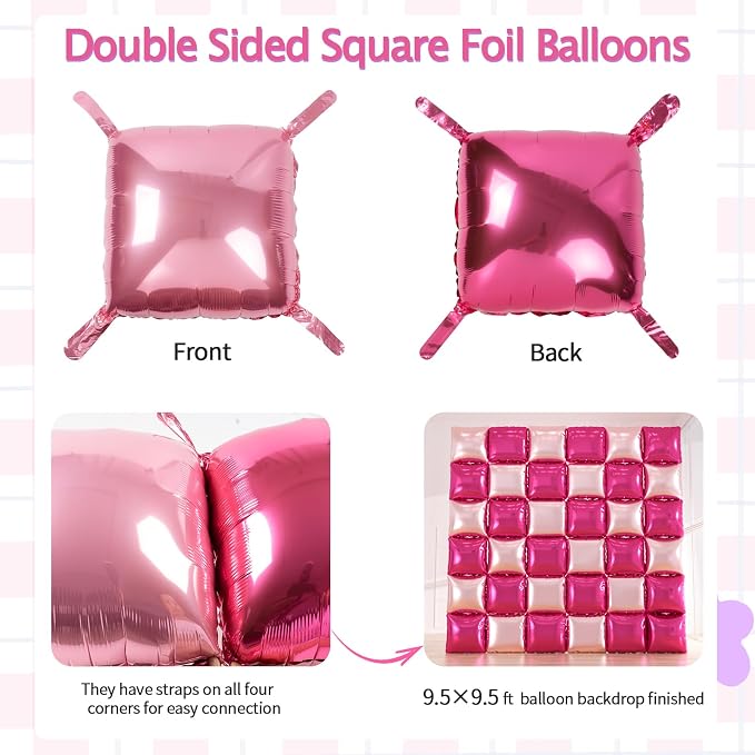 36pcs Hot Pink Square Foil Balloons Wall Backdrop, Double Sided Magenta Mylar - Image 2