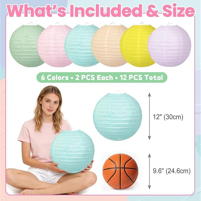 Pastel Paper Lanterns for Classroom, 12-Pc 12" Large Round Hanging Decor | - Image 3