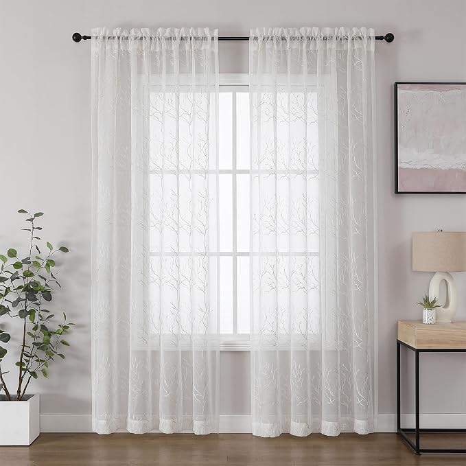 White Sheer Curtains Beige Coral Branch Embroidered 108 Inches | Light - Image 2