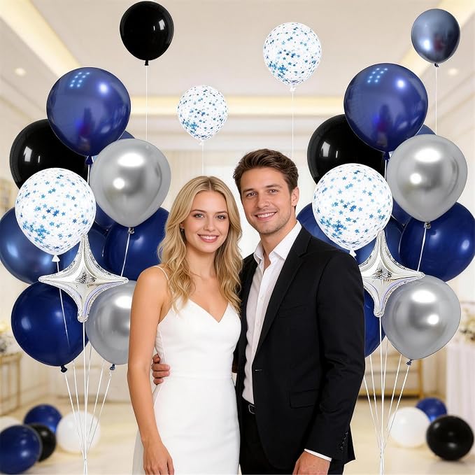 Blue and Black Balloons, Pearl Navy Blue Black Silver Dark Blue Star Confetti - Image 7