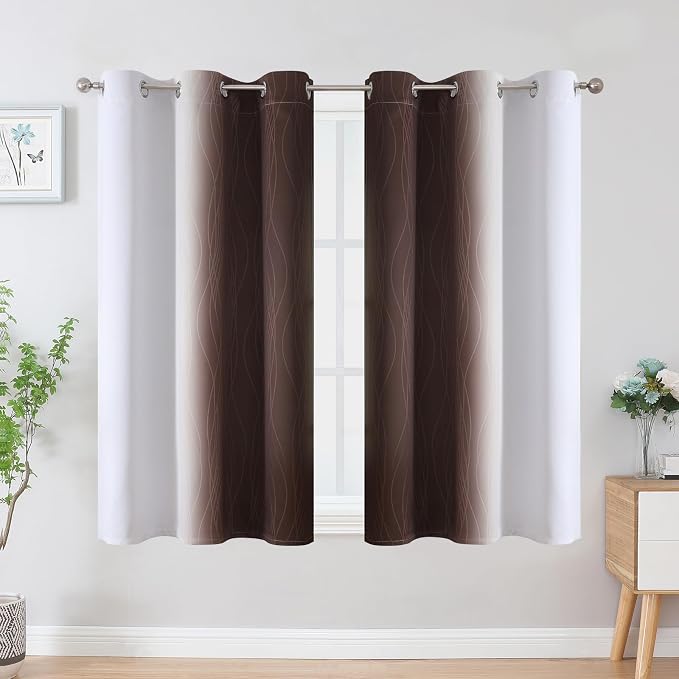Brown and Greyish White Ombre Blackout Curtains 45 Inch Length 2 Panels - Image 2