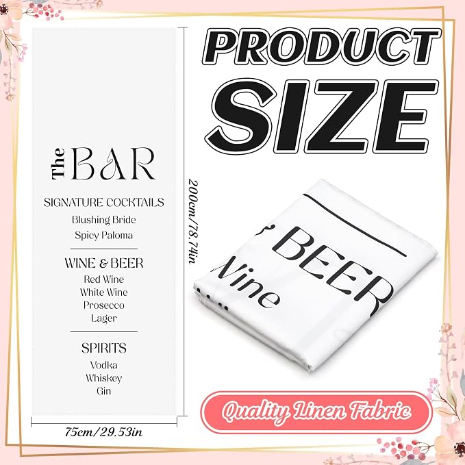 HunnmingRe Fabric Wedding Bar Sign 78x29 Inch White Linen Rustic Bar Wedding - Image 3
