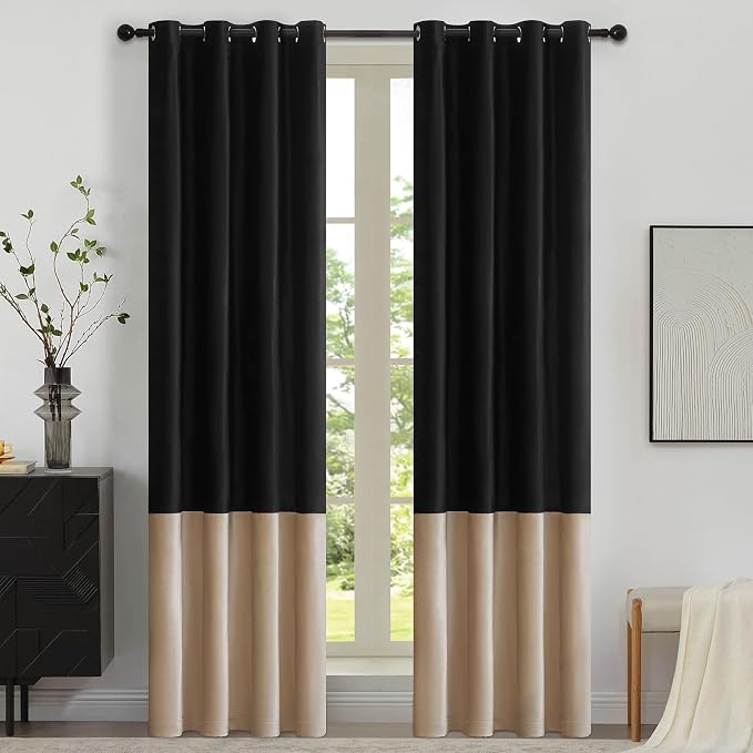 Black Beige Velvet Blackout Curtains Luxury Decor 84 inches, Color Block | by ModernShinyVelvetCurtains
