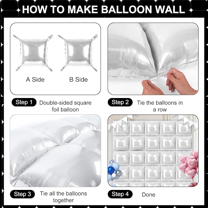 White Square Foil Balloons 25 Pcs Metallic White Balloons Wall Backdrop - Image 3