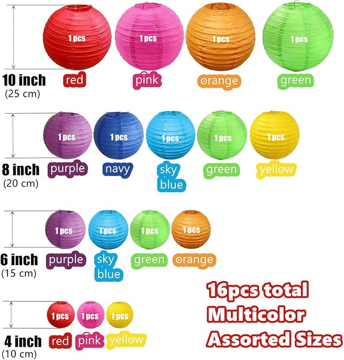 16pcs Mixed Size Colorful Paper Lanterns - Image 2