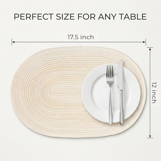 Placemats Set of 6, Woven Oval Braided Dining Table Mats | 12 x 17.5 Inch Size - Image 2