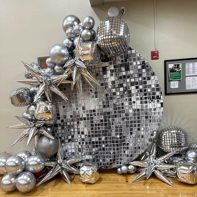 HILAVO 16PCS Disco Ball Balloons, 32in 22in 10in Large 4D Metallic Silver Disco - Image 6