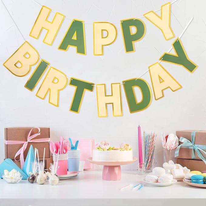 Pre-Strung Happy Birthday Banner Brown Green Party Decorations | adjustable cord - Image 8