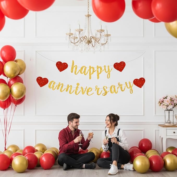 BEISHIDA Glitter Pre-Strung Gold Happy Anniversary Banner Decoration | NO DIY - Image 6