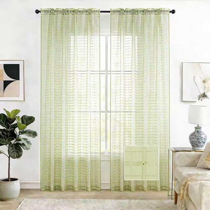 SpaceDresser Check Sheer Curtains 96 Inches 2 Panels Set, Rod Pocket Plaid by SpaceDresser