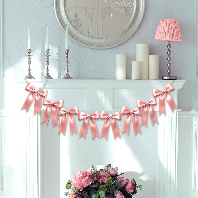 1 String of 8PCS Rose Pink Bow Garland Banner Decoration, Pre-Strung Satin - Image 7