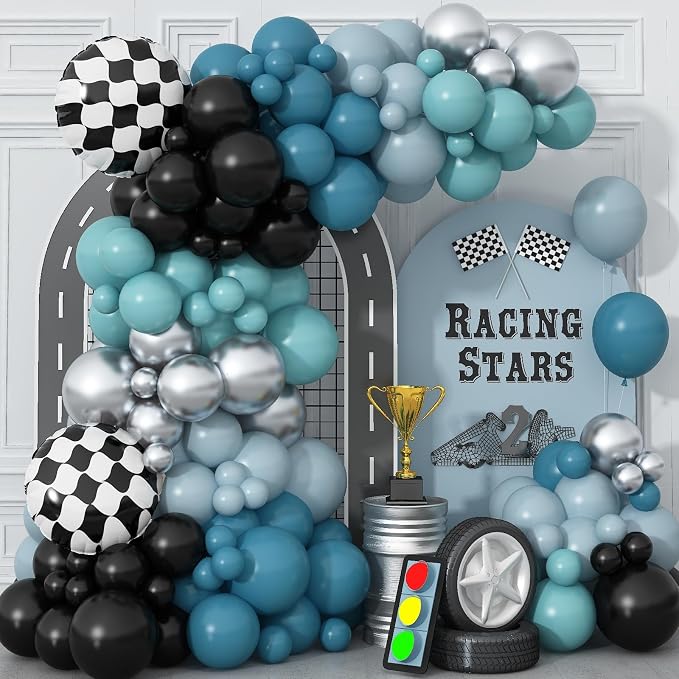 Race Car Balloons Garland Arch Kit, Dusty Blue Balloons Green Black Balloon by Togvu