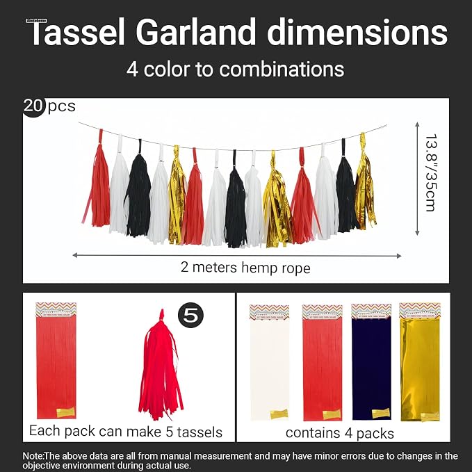 Red Black White Gold Paper Tassel, 20 Pack, Party Decorations - Image 2