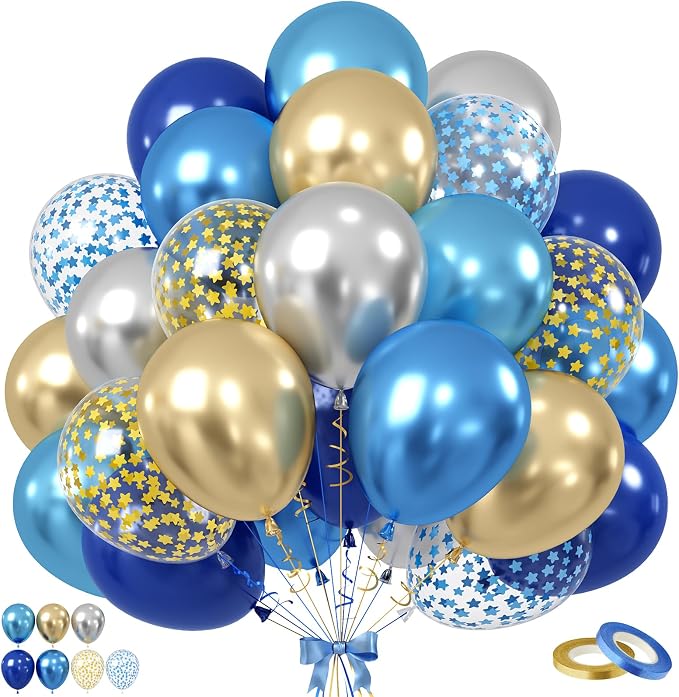 Navy Blue Gold Silver Balloons, 12 Inch Pearl Navy Blue Metallic light Blue by BIAPIAN