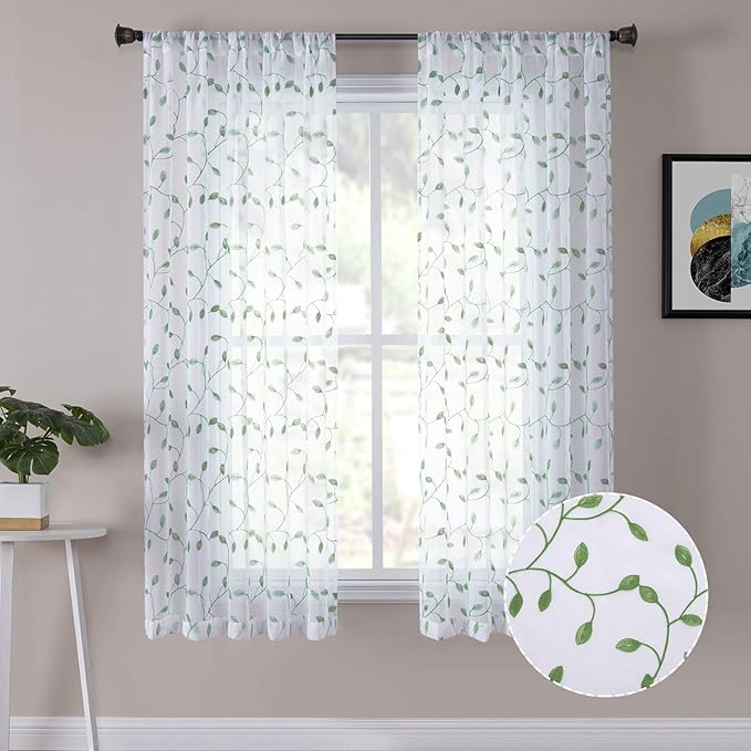 Tollpiz Leaves Short Sheer Curtains Green Leaf Embroidery Living Room Curtain by Tollpiz