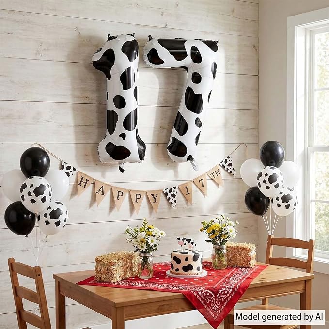 40 Inch Cow Print Number 17 Balloon Set, Giant Black & White Foil Mylar Number - Image 3