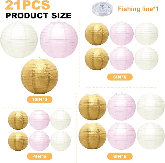 21Pcs Paper Lanterns, 4-10in Round Hanging Decor - Image 2