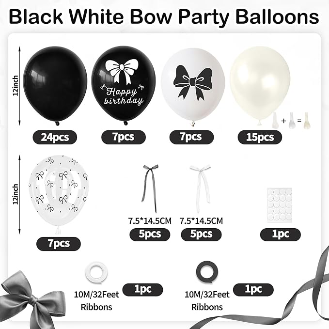 Black Bow Balloons, 12 Inch Black White Bow Printed Balloon - Image 2