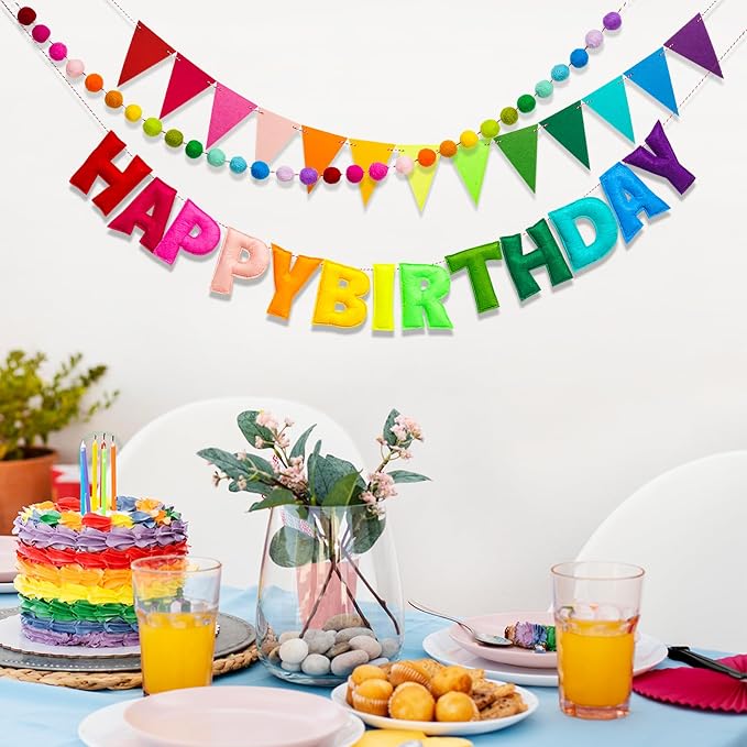 3 Pcs Pre-Strung Reusable Happy Birthday Banner, Handmade Wool Felt Ball Garland - Image 3