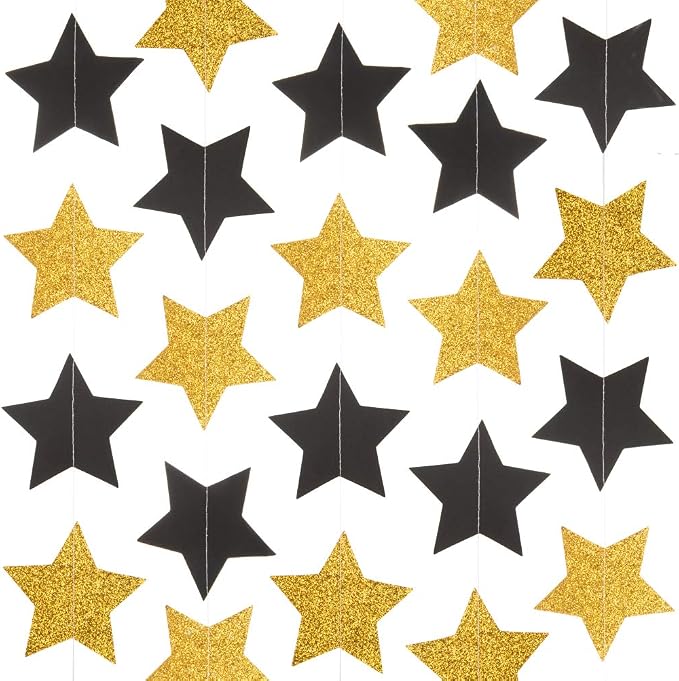 WEVEN Gold Glitter and Black Star Paper Garland, Twinkle Star Banner Hanging - Image 2