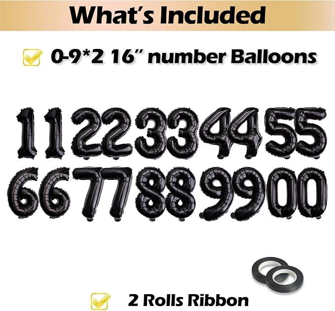 20 Pcs Black 16" Number Balloons 2 Sets 0-9 Foil Balloon Numbers Décor | Glossy - Image 3