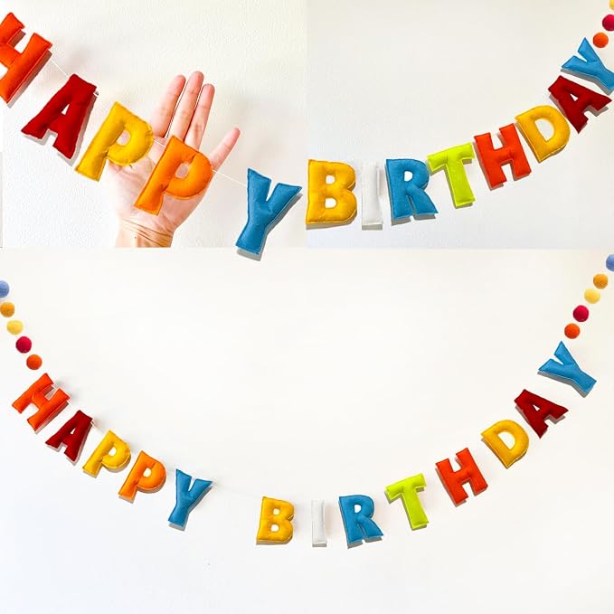 Pre-Strung Reusable 3D Happy Birthday Banner Sign, Rainbow Felt Ball Garland | - Image 3