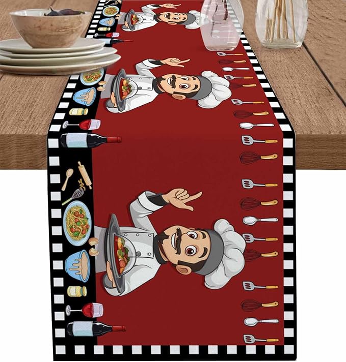 Red Chef Gourmet Cotton Linen Table Runner for Dining Kitchen, Wedding Outdoor Party Tablerunners Decoration, Black White Check Plaid Funny Kitchen Dresser Scarf Coffee Tablecloth Runners 13''x108''