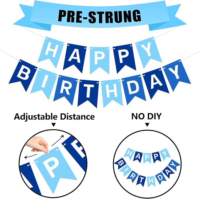 Pre-Strung Blue Happy Birthday Banner Signs, Birthday Party Decorations - Image 4