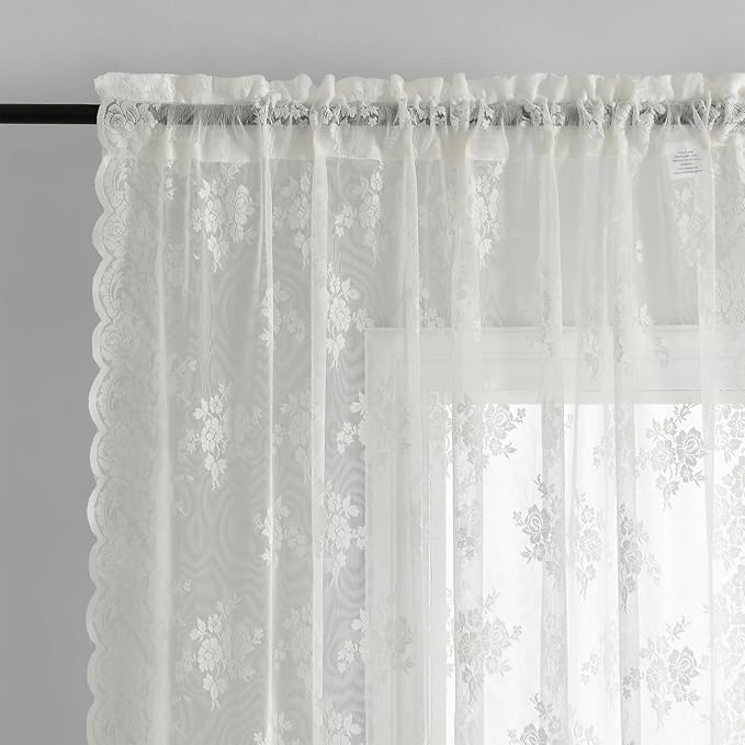 Kotile Ivory Lace Kitchen Curtains Country Floral W42 x L45 Inch, 2 Panels | - Image 4