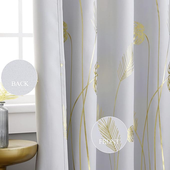 Greyish White Curtain for Dining Room 100W x 108L Inch Elegant Gold Palm Tree - Image 5