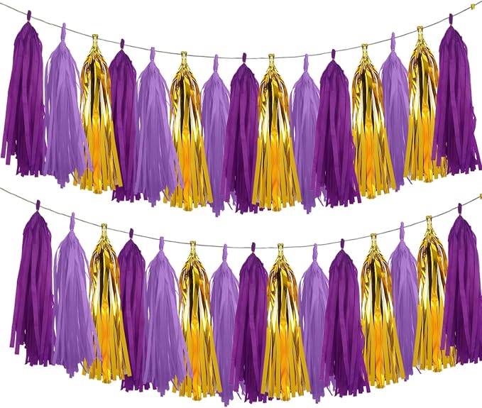 Purple and Gold Tassel Garland Banner, 20 Pack Paper Tassels Streamers by SIPRKAICT