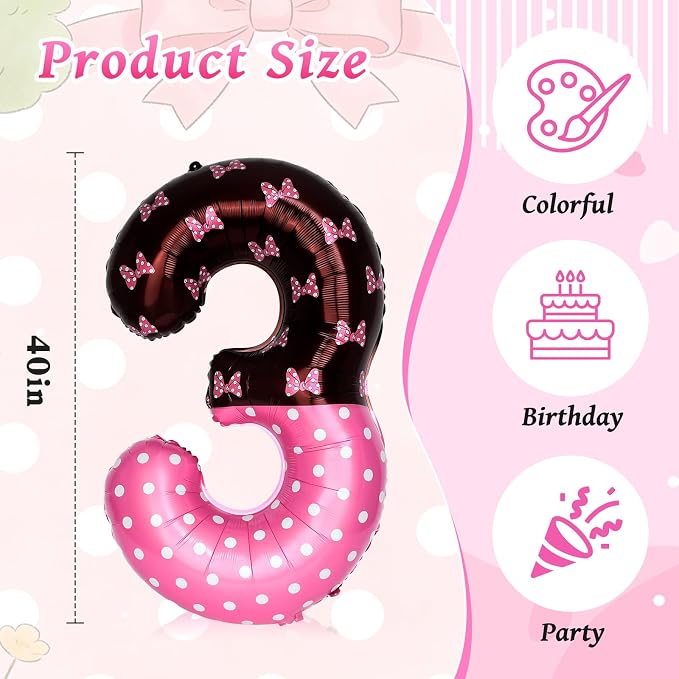 40 Inch Pink Cartoon Mouse Number 3 Balloon, Birthday Party Decorations | Black - Image 3