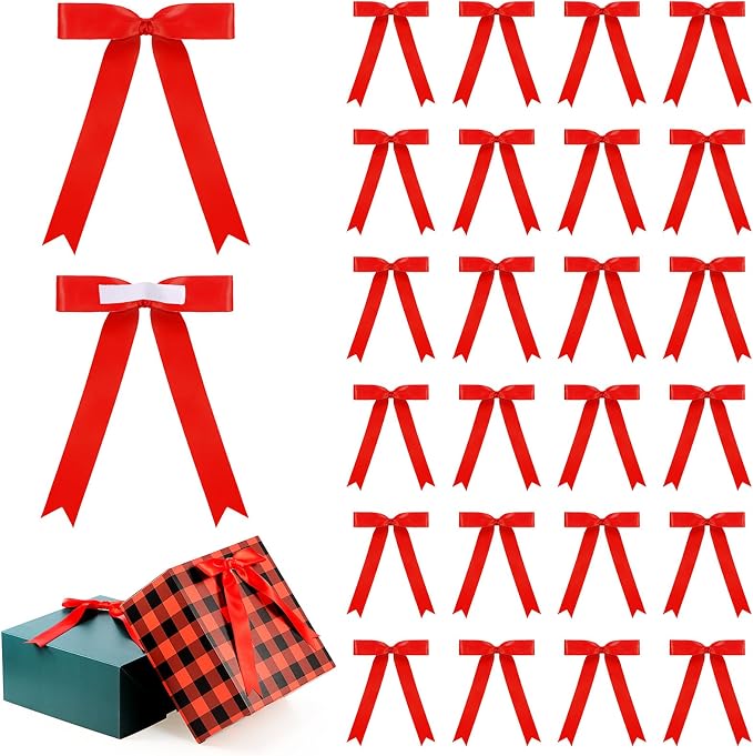 Riceshoot Red 24 Pcs Satin Ribbon Bows 5x7'' Self Adhesive Stick on Premade by Zuqqaaoor