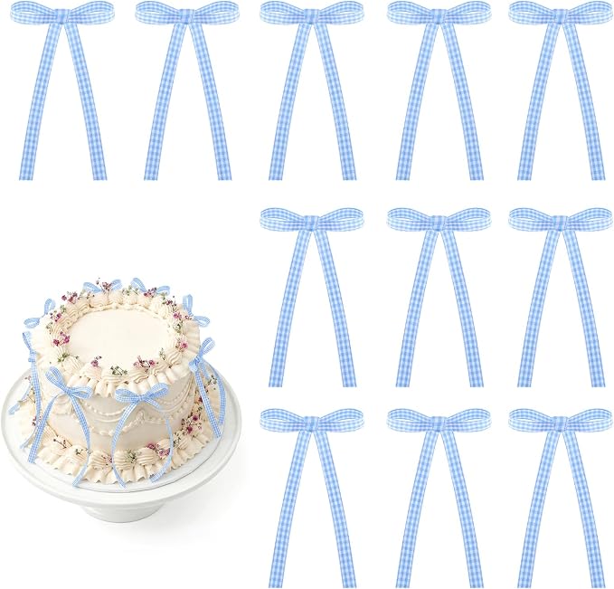 30 Pack Bow Cake Toppers Blue Gingham Ribbons Bows by NatNarr