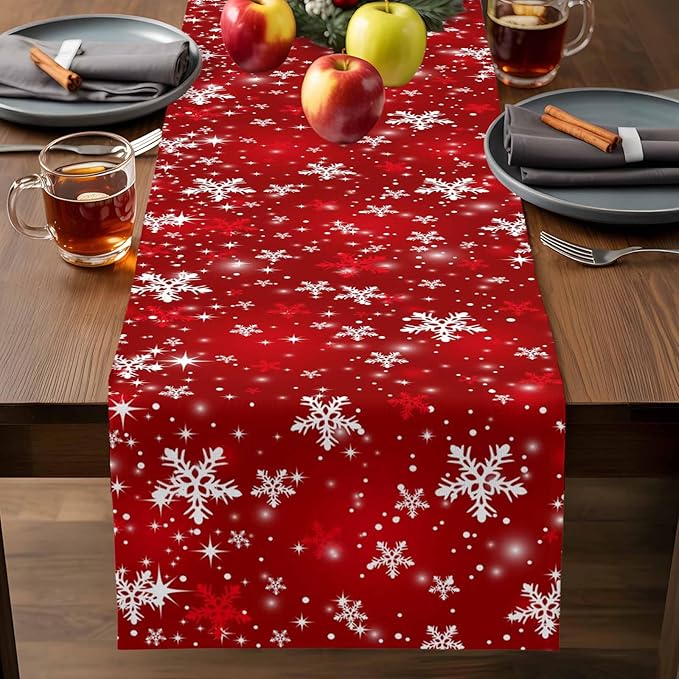 Christmas Snowflakes Cotton Linen Table Runner for Dining Kitchen, Red Xmas Winter Snow Wedding Outdoor Party Tablerunners Decoration, New Year Dresser Scarf Coffee Tablecloth Runners 13x72 Inches