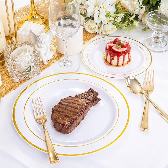 350 Pieces White and Gold Plastic Plates - 50 Guest Thanksgiving Dinnerware Set Include 100 Plates, 50 Plastic Silverware, 50 Napkins and 50 Cups for Thanksgiving