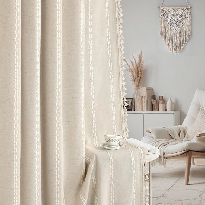 Boho 100% Blackout Curtains 90 Inch 2 Panels Linen Blend Beige | Vintage - Image 7