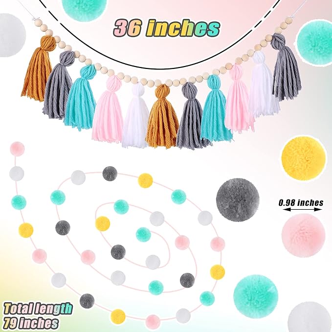 Syhood 3 Pcs 79" 2 Pom Pom Garland Wall Decor and 36" 1 Boho Tassel Garland - Image 2