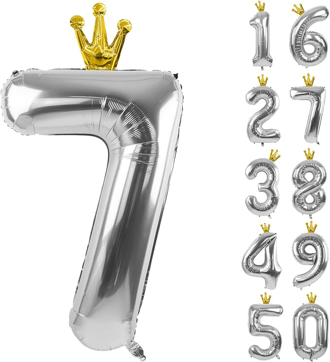 Silver Number 7 Balloon with Crown, 40 inch Silver Number Balloon 7th Birthday by Yeodong