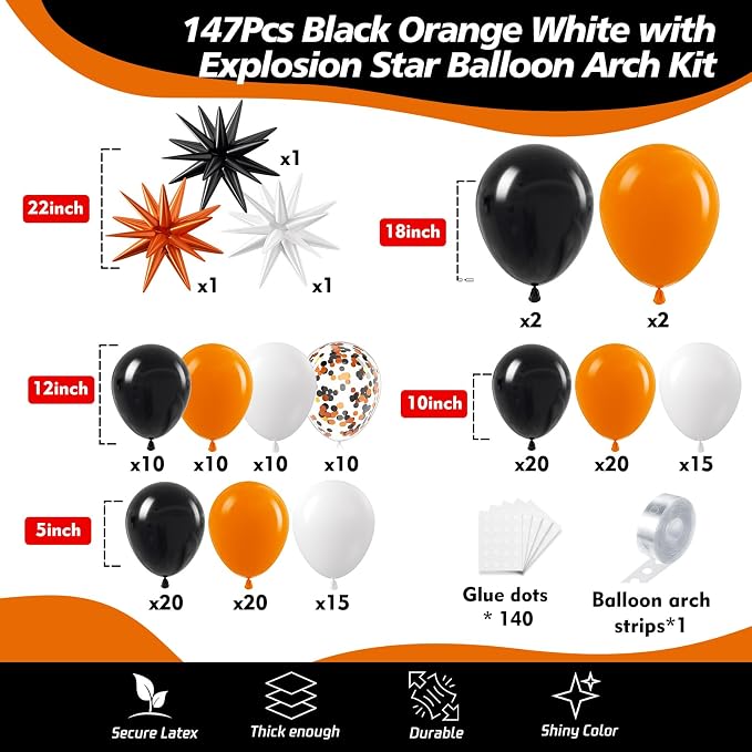 Black White Orange Balloon Arch Kit, 18 12 10 5 Inch Different Size Balloons - Image 2