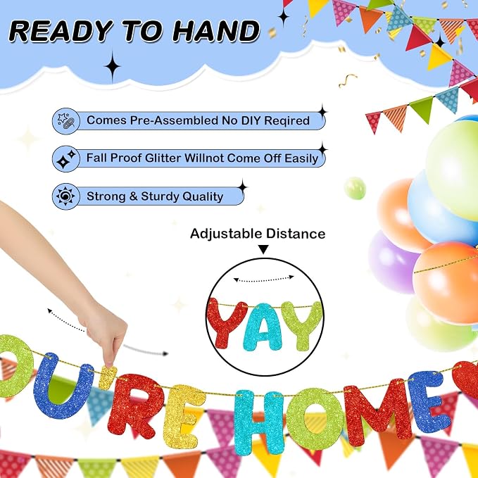 Fulmoon Pre Strung Yay You're Home Banner Glitter Welcome Home Party - Image 3