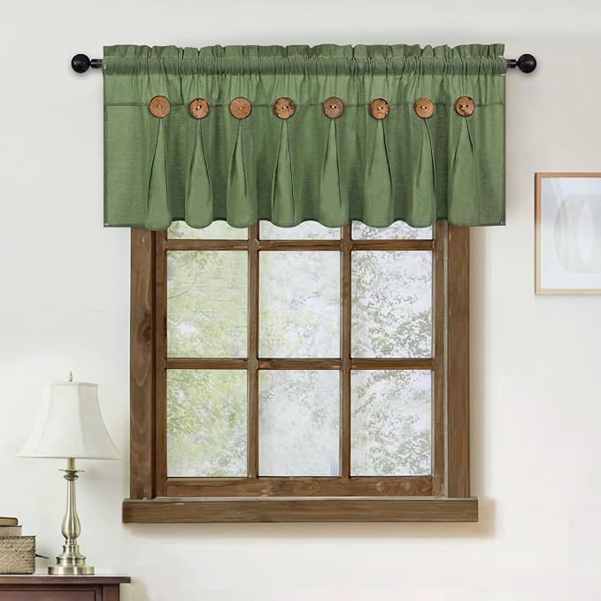 Farmhouse Valance Curtains, Boho Cotton Linen Kitchen Valance, Olive Green - Image 2