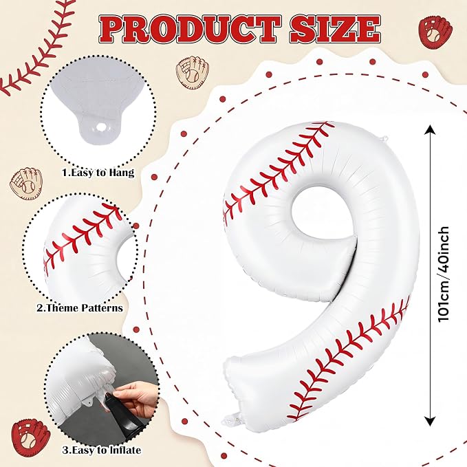 Jenaai Number 9 Baseball Balloons White Red and Blue Baseball Glove Balloons - Image 2