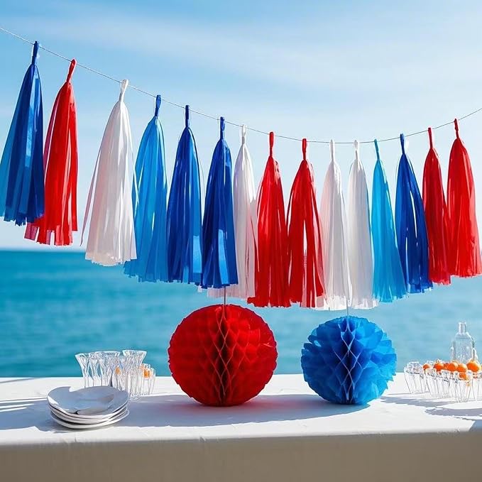 Red White and Blue Tissue Paper Tassels 30pcs Streamers Party - Image 4