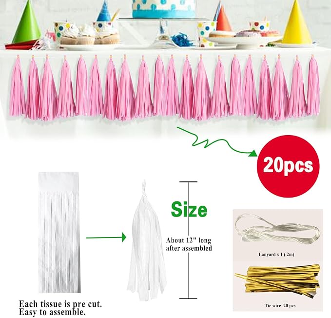 Pink Tassel Garland 20 Pcs, Tissue Paper Tassels Garland Banner - Image 2
