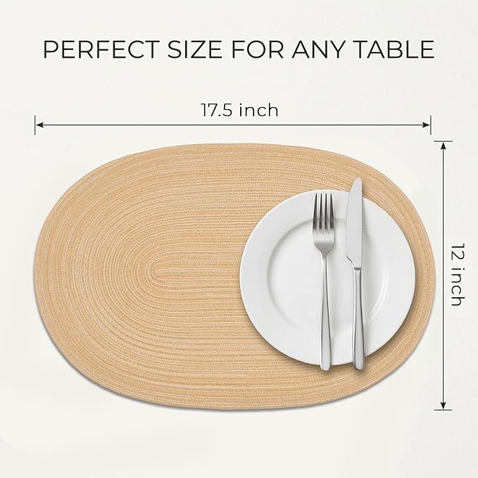 Placemats Set of 6, Woven Oval Braided Dining Table Mats | 12 x 17.5 Inch Size - Image 2